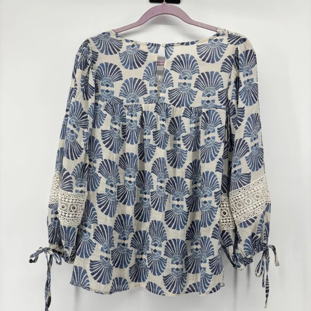 Zac‎ & Rachel Blue Shell Print Crochet Lace Square Neck Balloon Sleeve Blouse L